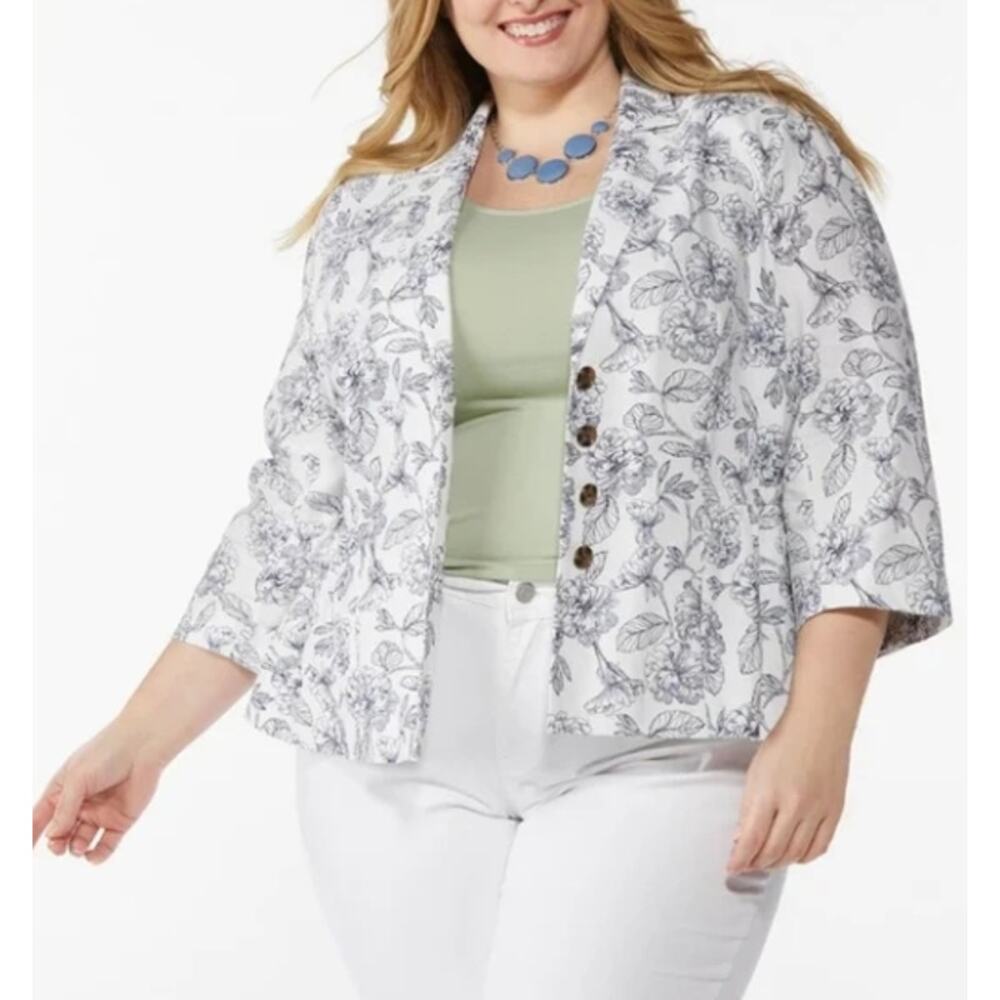 Cato Blazer XL White Gray Floral Linen Blend Lightweight Spring Office Chic